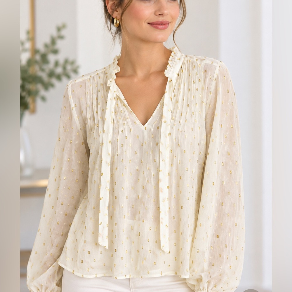 Ann Taylor Cream Chic Chiffon Blouse with Gold Foil Accents M